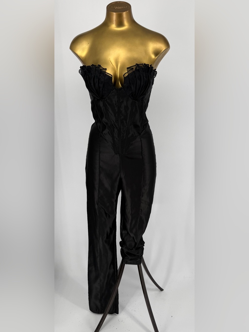 PrettyLittleThing Strapless Black Satin Corset Jumpsuit Size 2